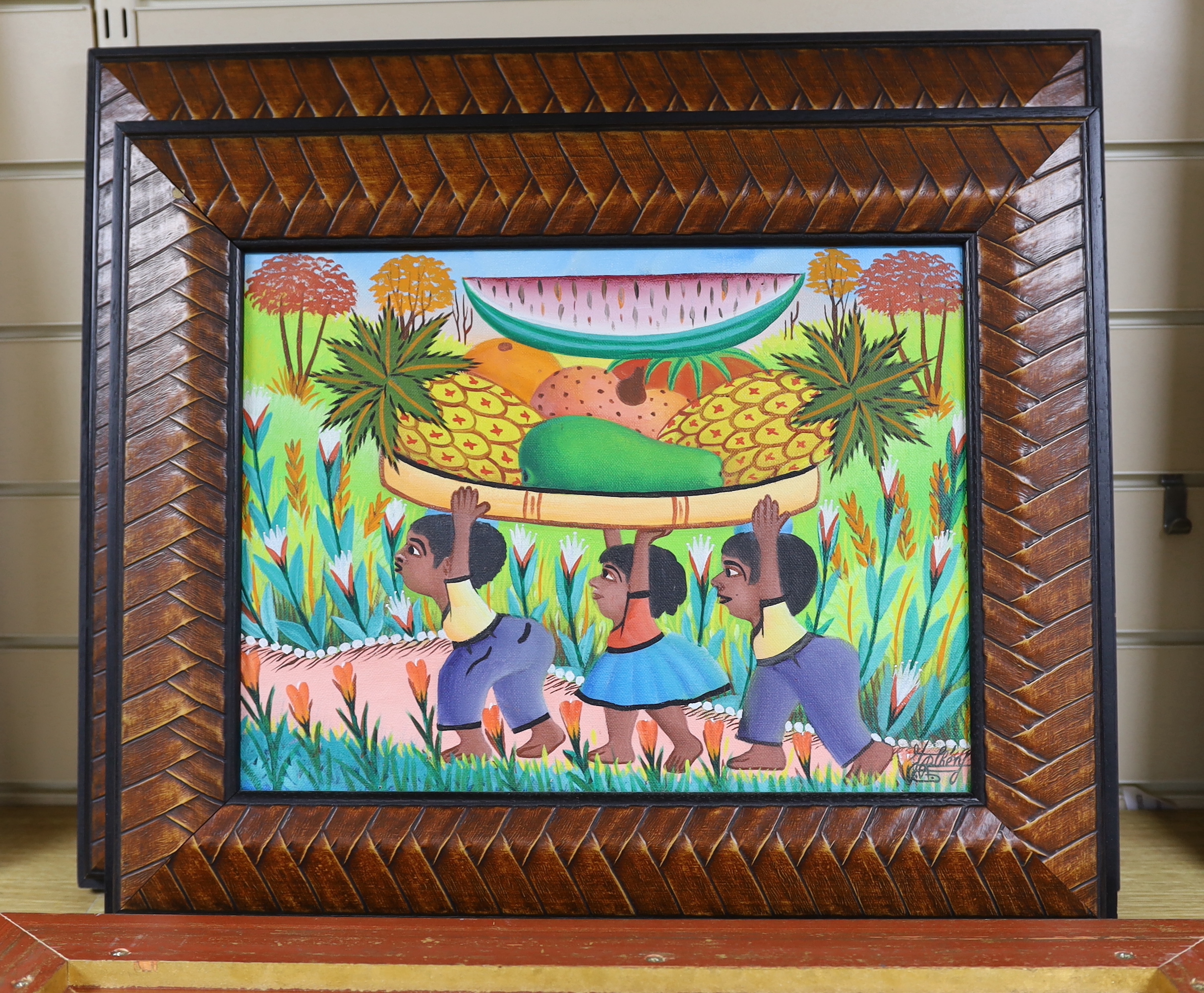 Jacques-Richard Chery (Haitian b.1928-), three oils on canvas, ’Three children carrying fruit’’, 30 x 27cms.; ‘’Lady carrying fruit’’, 38 x 20cm, and ‘’Ladies meeting’’, 43 x 33cm, each signed